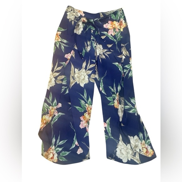 Zara Basic floral palazzo split pants XS breezy wrap tie waist crop Hawaiian - Picture 1 of 11